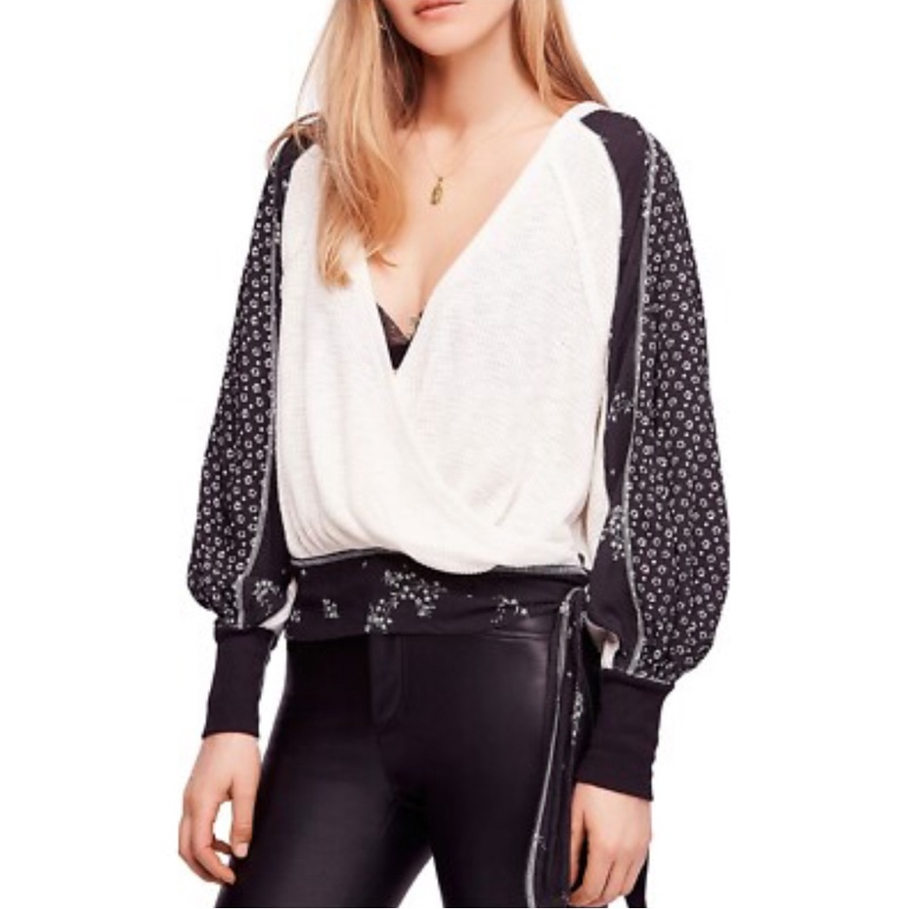 Free People Auxton Black/Ivory Thermal Mock Wrap Top